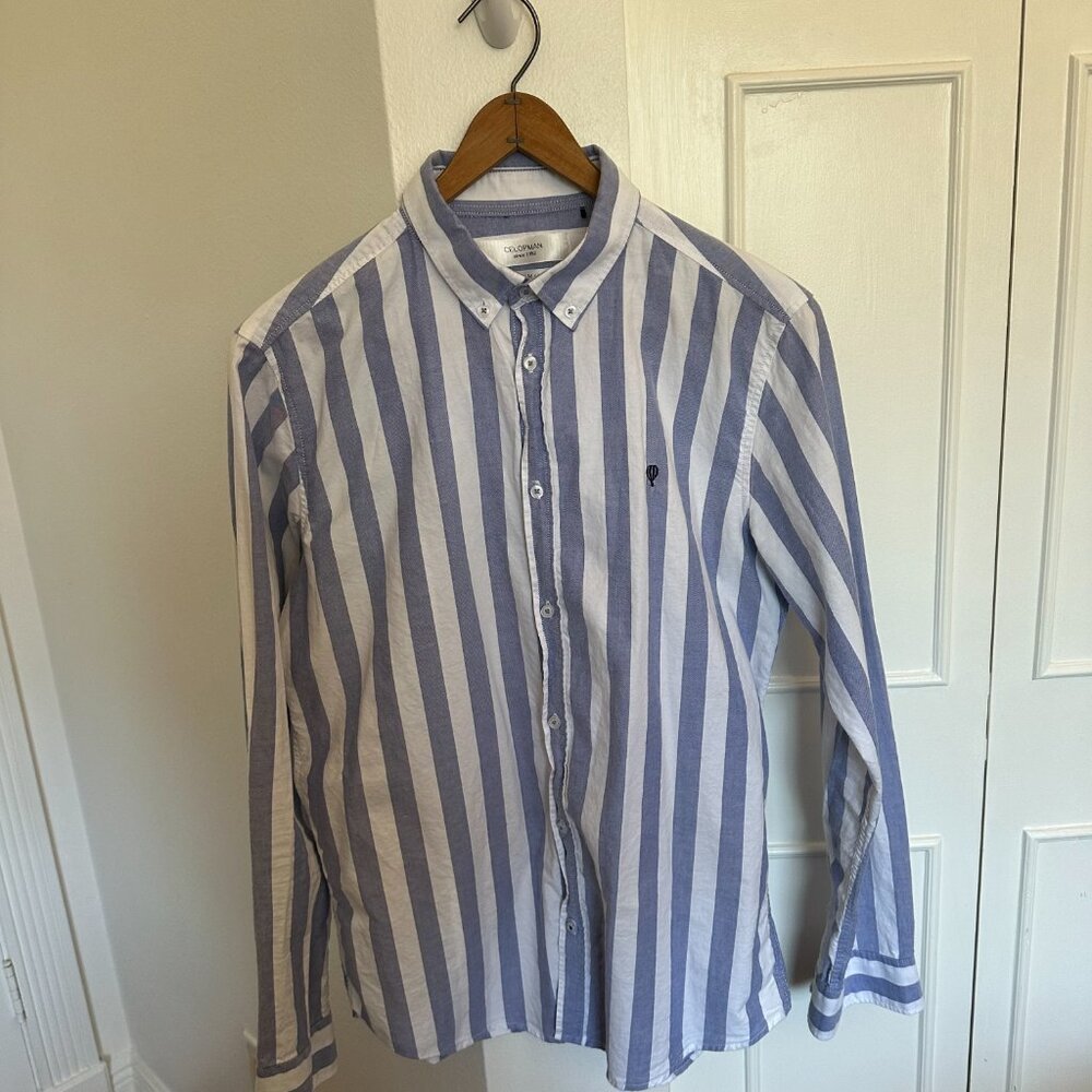 Celopman Men’s Blue White Striped Button-Down Shirt Size Medium 100% Cotton